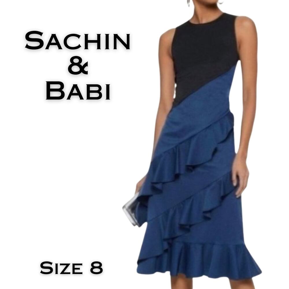 Sachin & Babi Sheath Midi Dress Small Blue Black Tiered Ruffled Sleeveless Party
